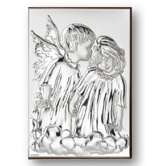 SŁodki obrazek srebrny Aniołki - na Chrzest , Komunię, Roczek, Ślub GRAWER