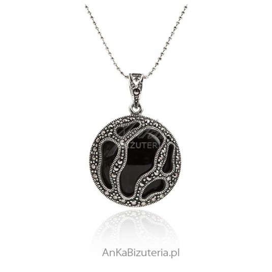 Biżuteria damska - zawieszka srebrna z markazytami i onyksem