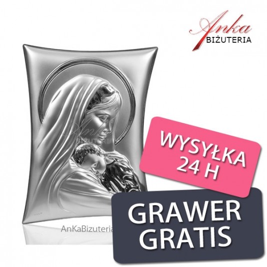 Srebrny obrazek Matki Boskiej z dzieciątkiem 15 x 20 GRAWER GRATIS