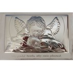 Obrazek srebrny Aniołek nad dzieckiem 13,5 cm* 9 cm na białym drewnie