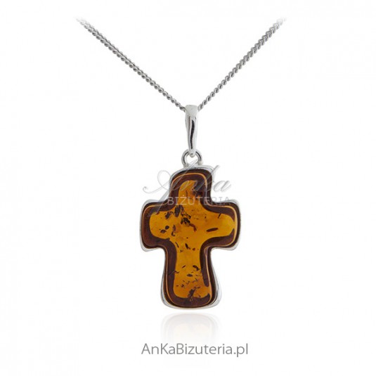 Krzyżyk srebrny z bursztynem - bursztyn bałtycki