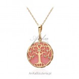 Silber vergoldeter Anhänger mit rosa Achat und Zirkonen - Glücksbaum