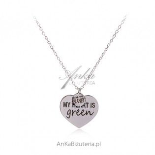 Biżuteria EKO - Naszyjnik srebrny z sercem "MY HEART IS GREEN" Save the planet