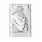 Obrazek srebrny Jezus tulący dziecko na białym drewnie 9 cm/13,5 cm