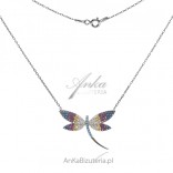 Silberne Libelle Halskette mit bunten Zirkonen und Türkis