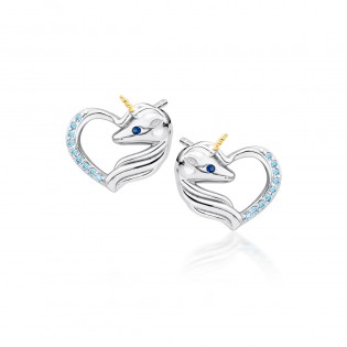 Kolczyki srebrne jednorożec w sercu z akwamarynowymi cyrkoniami i niebieskim oczkiem