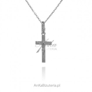 Krzyżyk srebrny rodowany z wizerunkiem Jezusa na Krzyżu