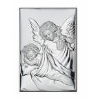 Srebrny obrazek Aniołek z latarenką nad dzieckiem 7* 9 cm - z modlitwą z tyłu obrazka