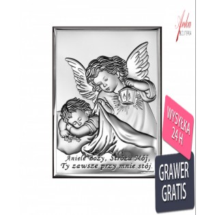 Srebrny obrazek Aniołek z latarenką nad dzieckiem 9* 13 cm "Aniele Boży.."