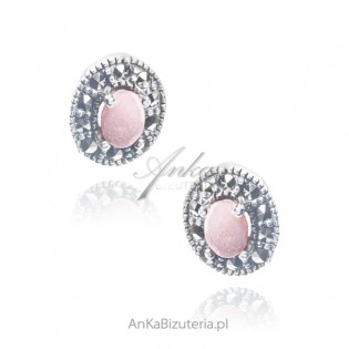 Kolczyki srebrne z markazytami i różową masą perłową