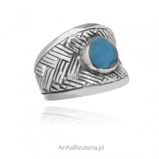 Oryginalny oksydowany pierścionek srebrny z niebieskim turkusem