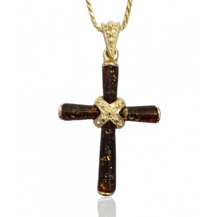 Krzyżyk srebrny pozłacany z wiśniowym bursztynem z zielonymi łuskami