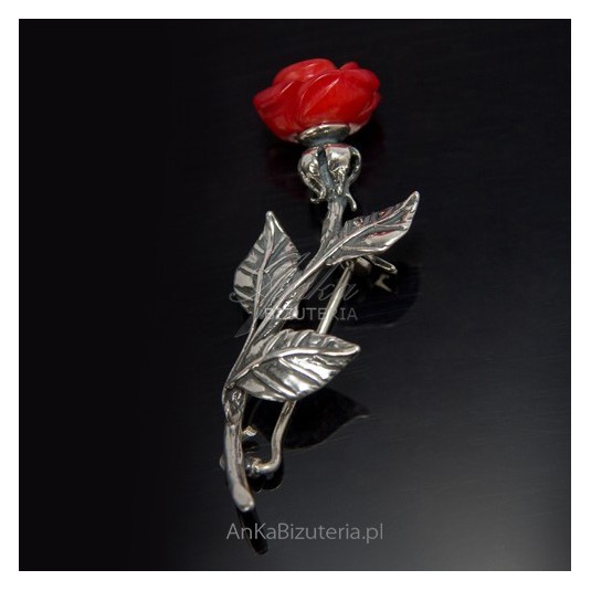 Oryginalna Biżuteria Srebrna-Broszka srebrna RÓŻA z koralem