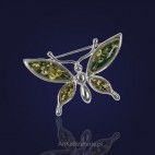 Srebrna Broszka z zielonym bursztynem-Motyl