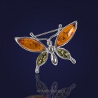 Broszka srebrna z bursztynem kolorowym -Motyl