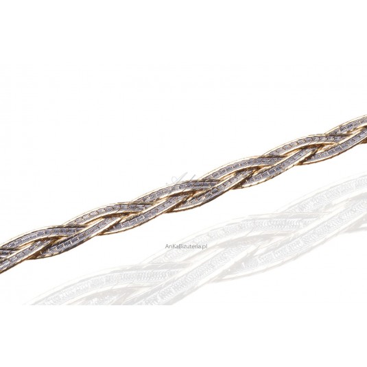Srebrno-złota bransoletka, zapleciony warkocz -srebro rodowane z 14k złotem i diamentowane 18 cm